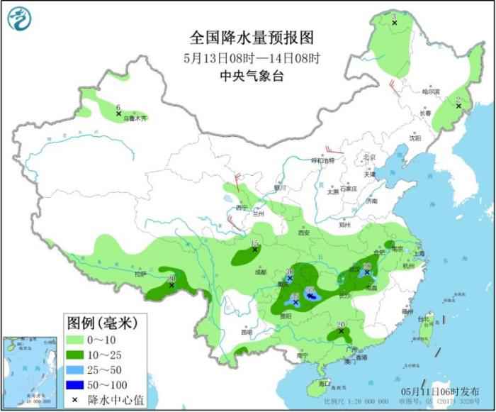 全国降水量预报图(5月13日08时-14日08时) 华南江南有对流性降雨天气 北方部分地区有大风和沙尘