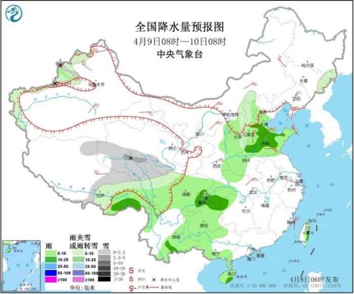 图2 全国降水量预报图(4月9日08时-10日08时) 冷空气影响华北地区 西南地区东部江南等地将有较强降水